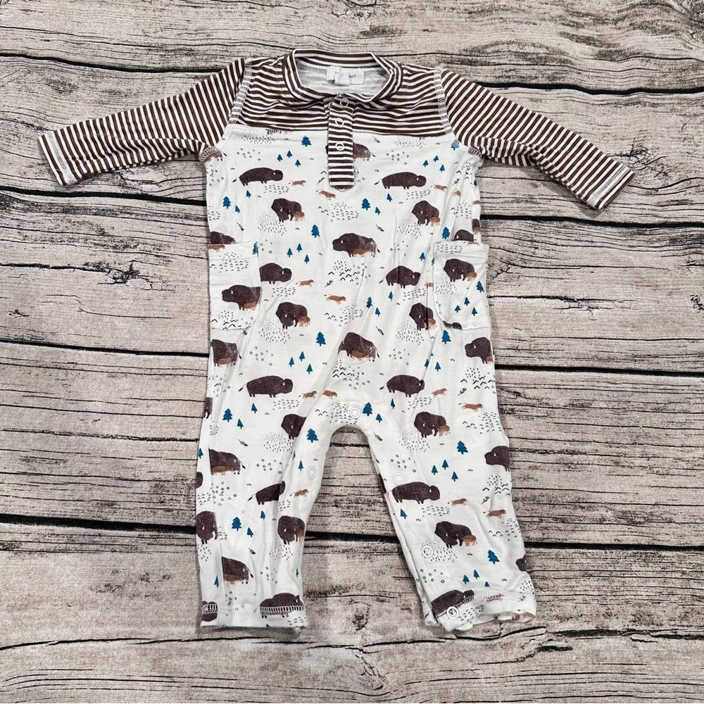 Angel Dear Brown and White Bamboo One Piece With Buffalo Print Size 3-6 Months